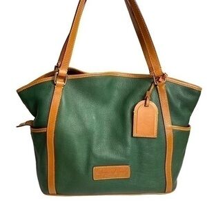 Dooney and Bourke green and brown leather tote bag with luggage tag